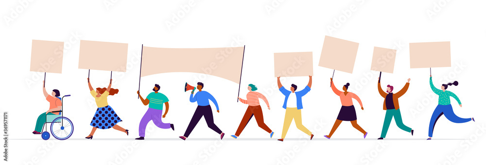 Crowd of protesters holding banners and placards. Political meeting, march, demonstration, parade. Group of men and women activists. Vector illustration