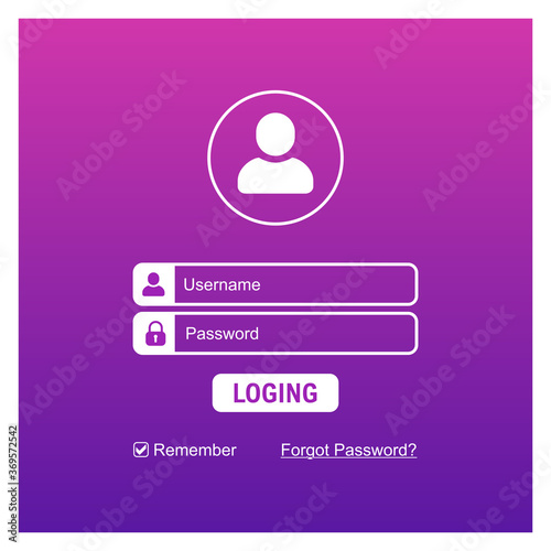 Login Screen UI, UX Design, Web mobile app user interface, Registration form, sign up mobile application, Sign In page purple and pink color Vector