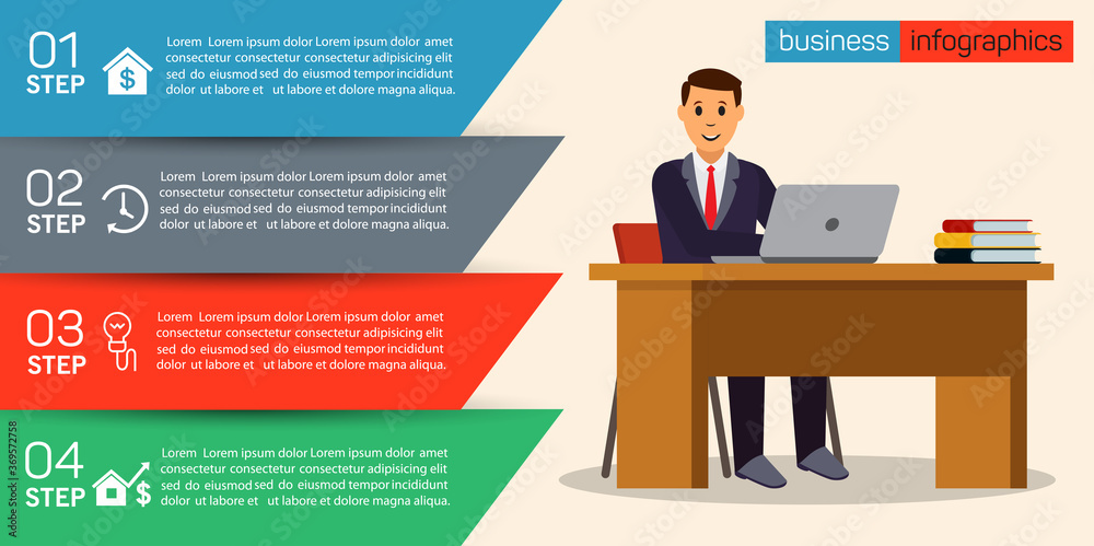 4 steps business infographic banner template design with office worker cartoon 4 steps business infographic banner template design with office worker cartoon