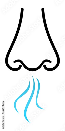 Vector illustration of smell symbols, nose, vapour smoke. Breathing aroma smell icon. 