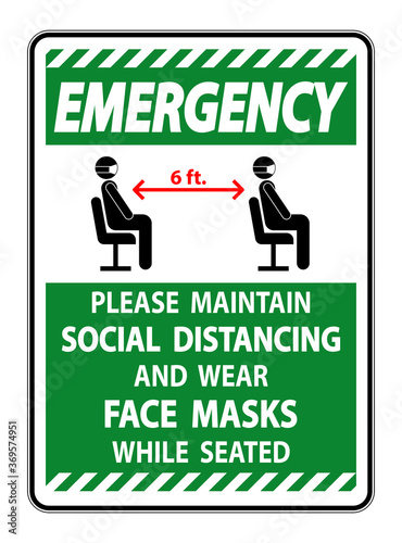 Emergency Maintain Social Distancing Wear Face Masks Sign on white background