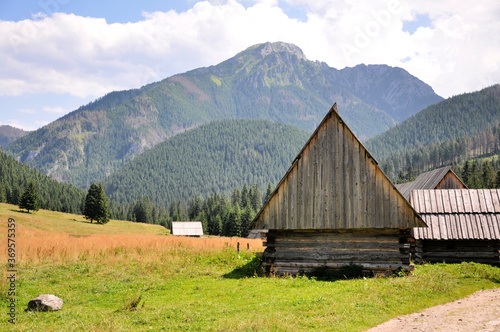 Szałasy na Polanie Chochołowskiej i Kominiarski Wierch w tle, Tatry, Polska