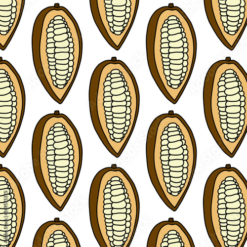 cacao fruit seamless doodle pattern, vector color illustration
