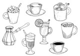 Different types of coffee. Coffee menu. Set of vector illustrations.