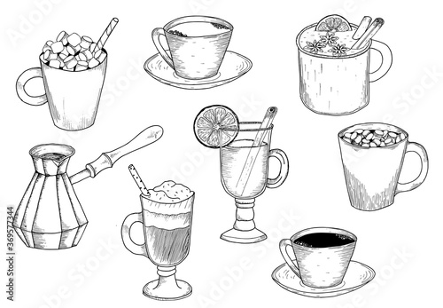 Different types of coffee. Coffee menu. Set of vector illustrations.