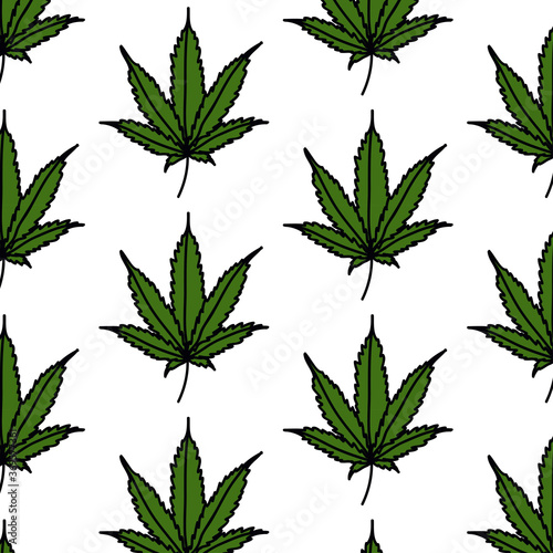 marijuana leaf seamless doodle pattern, vector color illustration