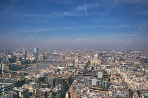An aerial view of London  UK along the River Thames.