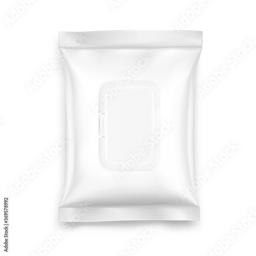 Wet wipes flow pack mockup. Template for your design. Vector illustration isolated on white background.  Сan be used for healthcare, medical and other needs. EPS10. 