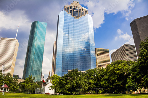 Beautiful view of modern skyscrapers from Sam Houston Park in Houston, Texas photo