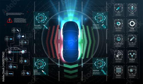 Big Set Icon. Driverless car. Self driving vehicle. Future concepts smart auto. HUD, GUI, hologram Automatic braking system avoid car crash from car accident. Concept for driver assistance systems. 