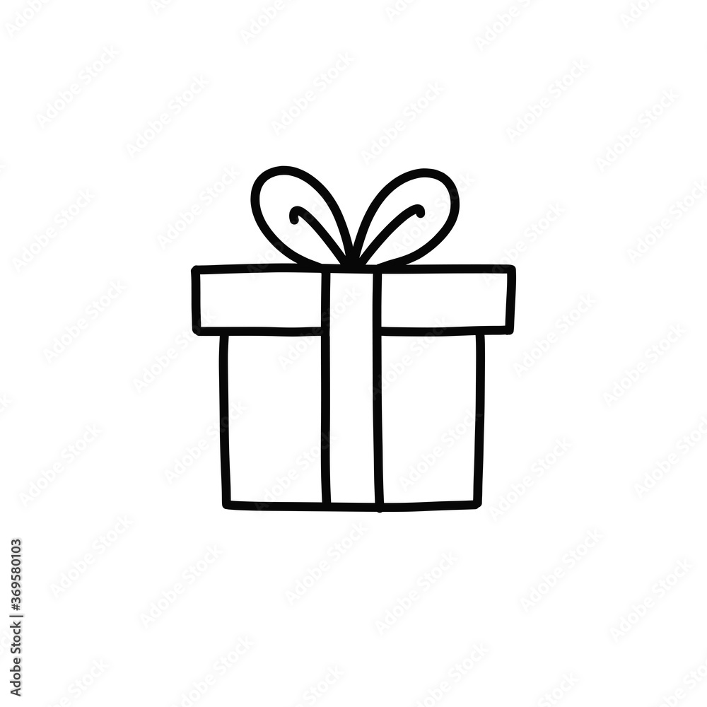 gift box doodle icon, vector black line illustration
