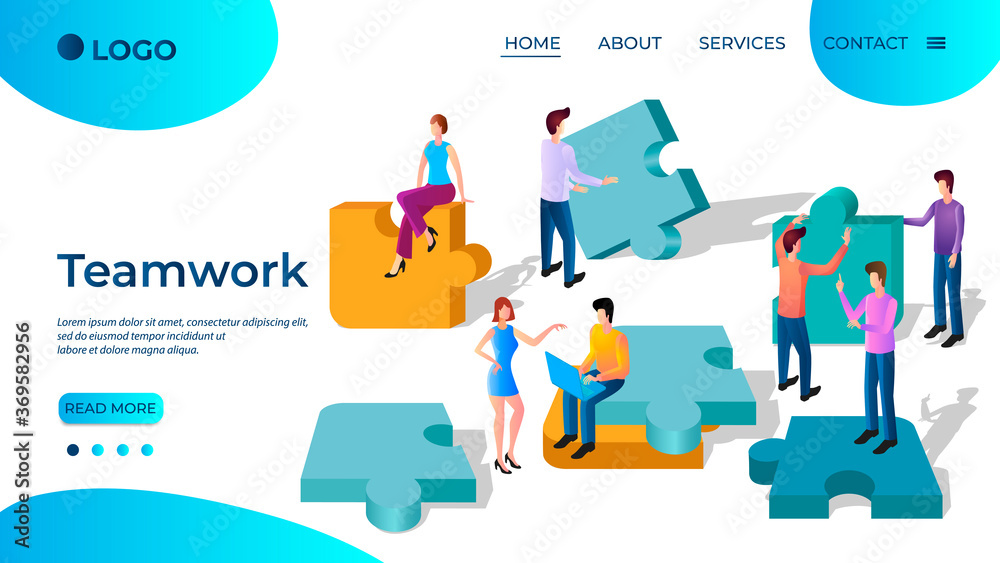 Teamwork.The concept of team and collaboration.People collect puzzles.Symbol of joint achievements.The template of the landing page.Isometric vector illustration.