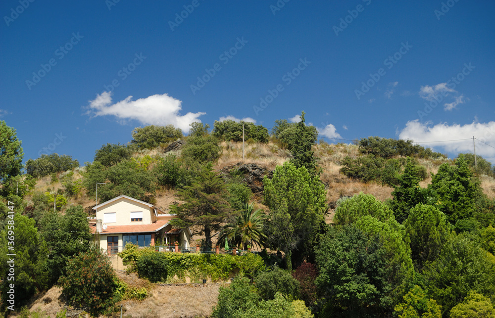Montanha com uma casa típica do ambiente montanhês, pinheiros, árvores céu e nuvens