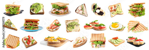 Set of toasted bread with different toppings on white background  banner design