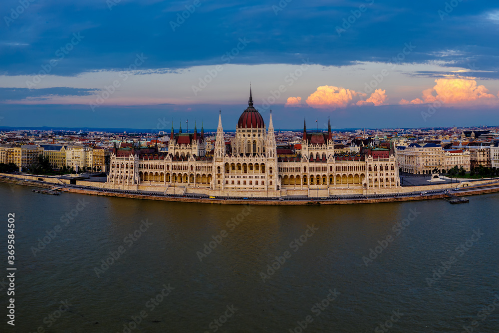 Aerial photo of the Hungarian Parliament and the city of Budapest by the Danube River