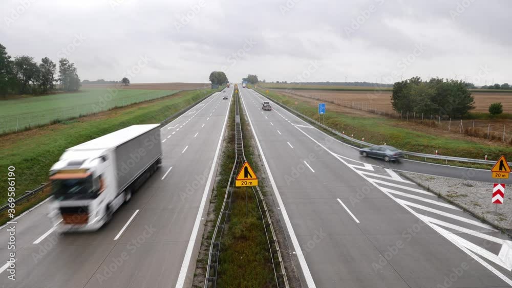 Wroclaw, Poland - Aug 04, 2020: view of the A4 motorway in Poland during the rain Wroclaw, Poland - Aug 04, 2020: view of the A4 motorway in Poland during the rain