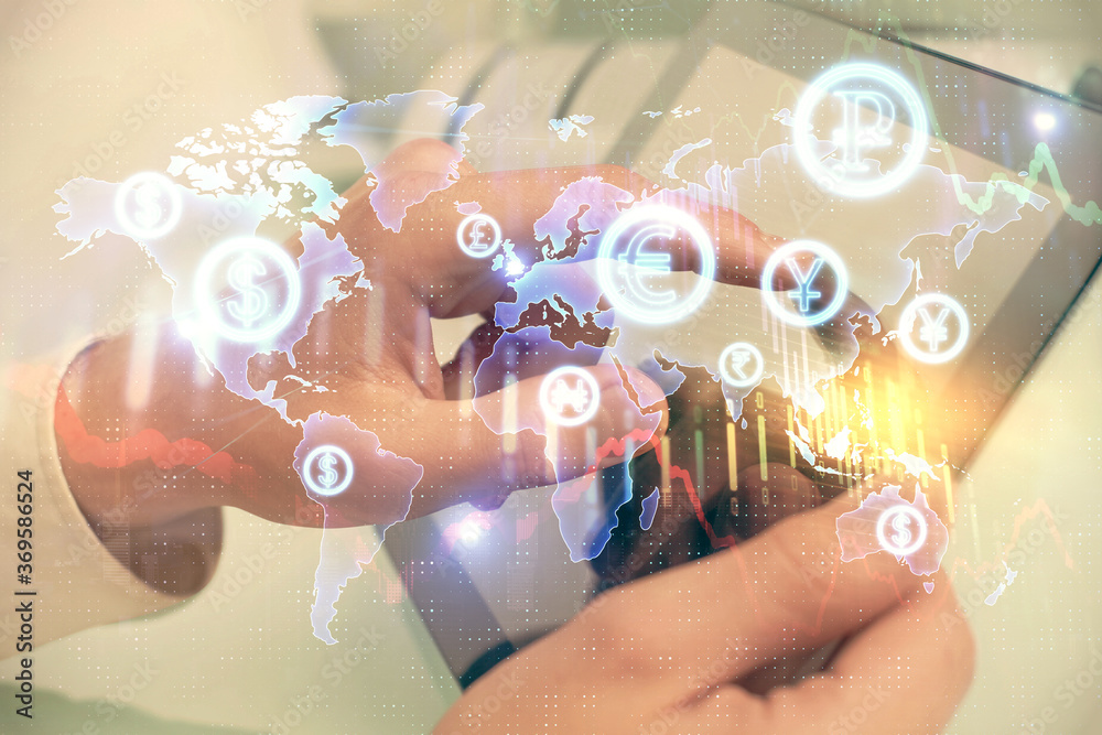 Multi exposure of man's hands holding and using a phone and financial chart drawing. Market analysis concept. Multi exposure of man's hands holding and using a phone and financial chart drawing. Market analysis concept.