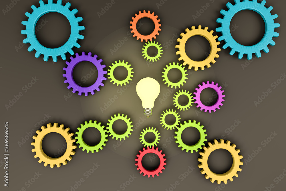 3d rendering of creativity and technology concept. Gear wheels and shiny light bulb symbolizing new ideas or solutions. 3d rendering of creativity and technology concept. Gear wheels and shiny light bulb symbolizing new ideas or solutions.
