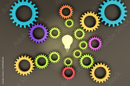 3d rendering of creativity and technology concept. Gear wheels and shiny light bulb symbolizing new ideas or solutions. 
