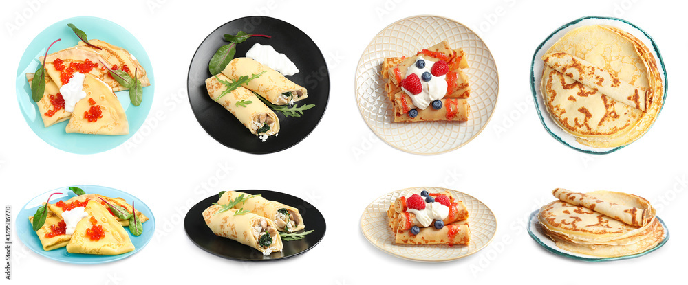 Set of tasty thin pancakes on white background. Banner design Set of tasty thin pancakes on white background. Banner design