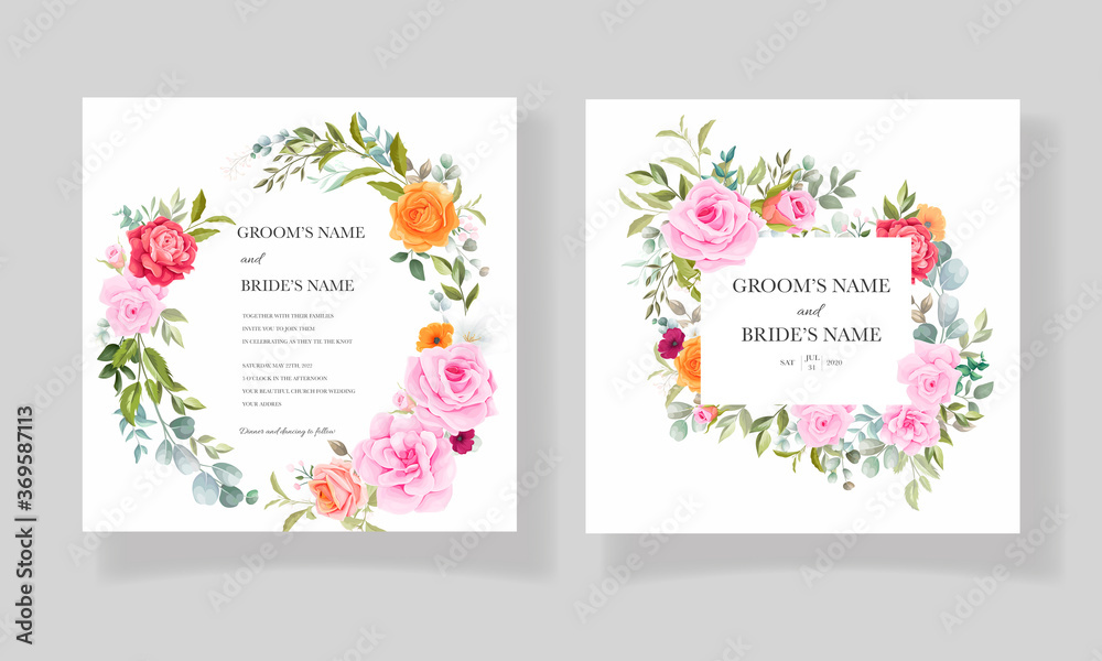 Beautiful hand drawn wedding card template with floral bouquet and border decoration