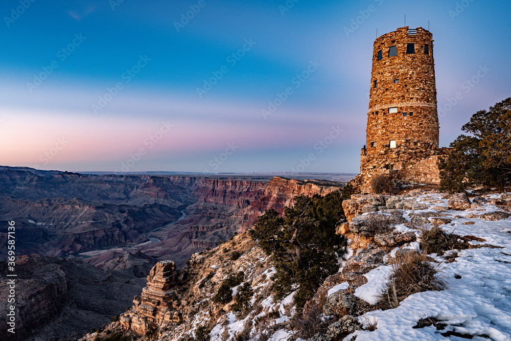 Belt of Venus at Sunset with Desert View Watchtower at Grand Canyon National Park