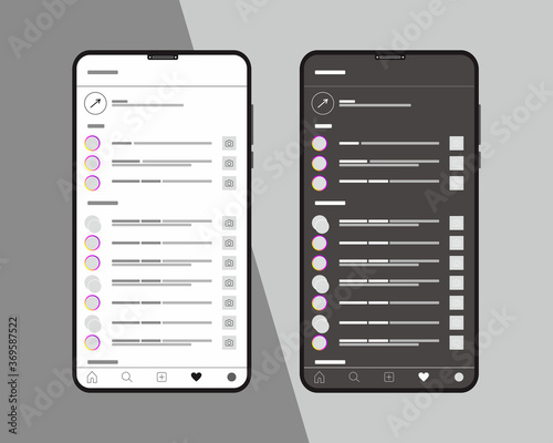 Social media design concept on a black and white background. Smartphone with social networking screens on the notification menu. Modern flat style vector illustration.
