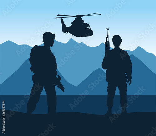 soldiers and helicopter figures silhouettes in the camp scene