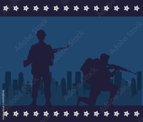 soldiers figures silhouettes in cityscape scene
