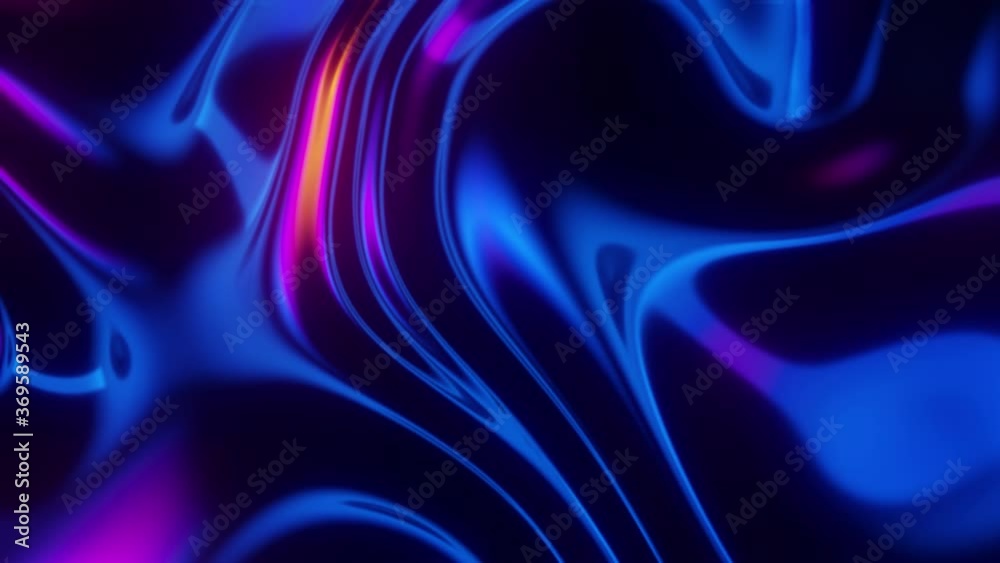 Futuristic iridescent holographic moving waves. Metallic foil moving background. Neon colors wavy surface