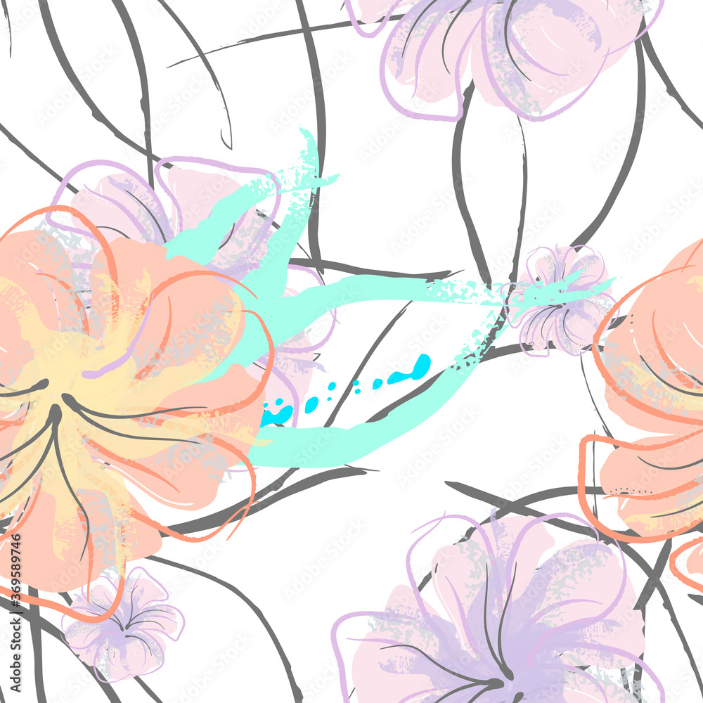 Fototapeta premium Pink Flowers Blooming Pattern. Pastel Watercolor.