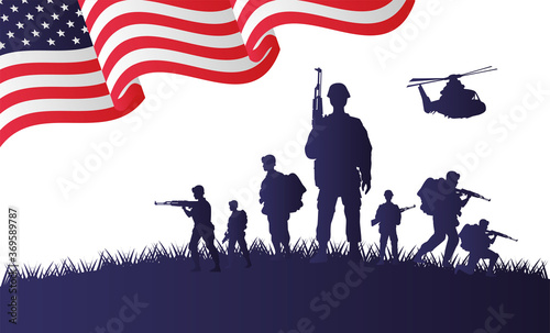 soldiers and helicopter figures silhouettes in usa flag background