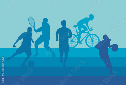 group of athletic people practicing sports silhouettes