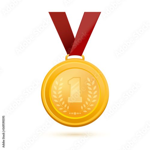 Gold medal for first place. Golden 1st Place Badge. Gold medal with the image of the number 1 and an olive branch. Vector illustration