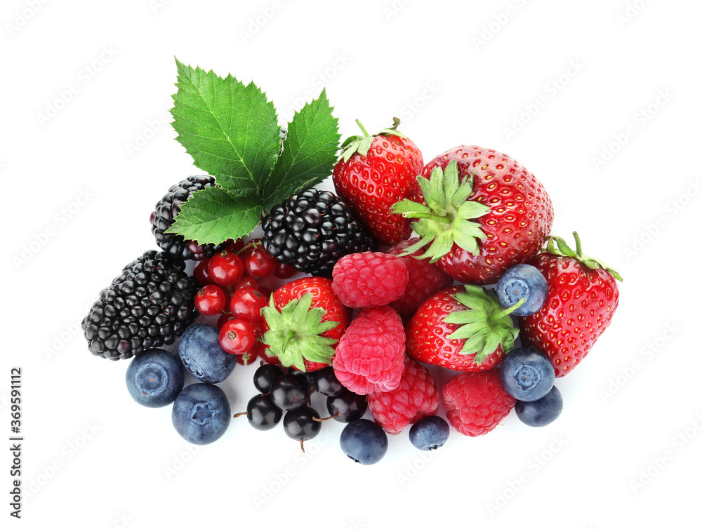 Pile of different ripe tasty berries and green leaves isolated on white, top view Pile of different ripe tasty berries and green leaves isolated on white, top view