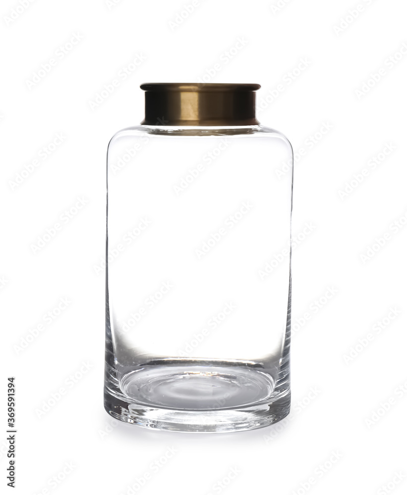 Stylish empty glass vase isolated on white
