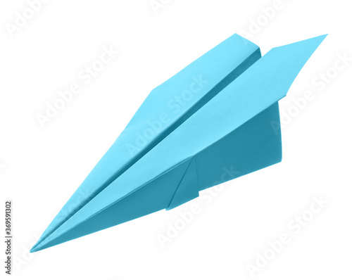 Handmade light blue paper plane isolated on white