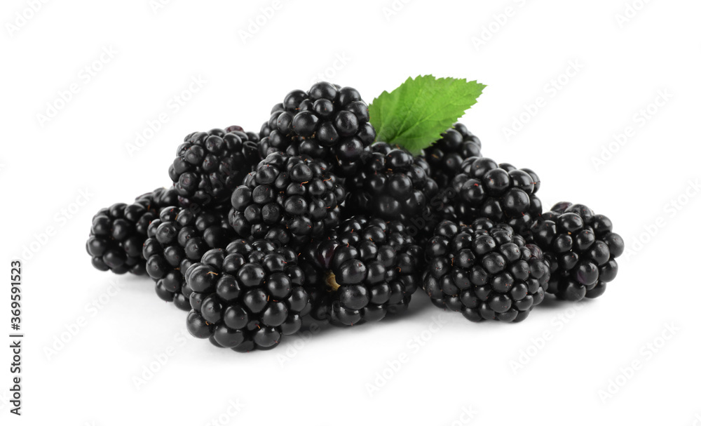 Tasty ripe blackberries and leaf on white background Tasty ripe blackberries and leaf on white background