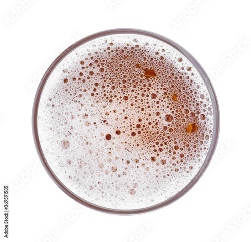 Glass with fresh beer isolated on white, top view