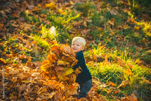 Cute child playing with autumn leaves. Happy child throwing the fallen leaves up, playing in the autumn park. Happy child throws autumn leaves and laughs outdoors, leaves fall.