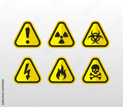 Safety signs. Caution symbol. Collection of warning marks. Signs of danger. Signs of alerts. Alert sign. Electricity icon. Death  skull  fire  exclamation point  bacteriological. Danger signs.