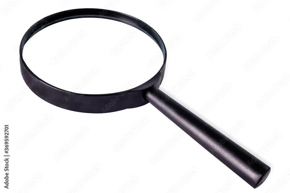A black magnifying glass on white background, isolated. A black magnifying glass on white background, isolated.