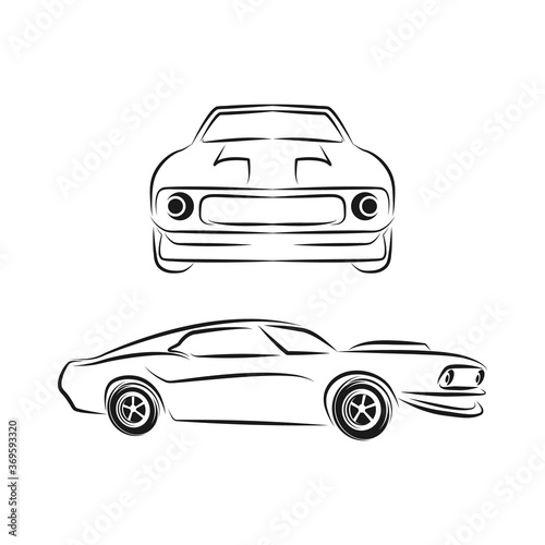 Muscle car silhouette on white background with reflection. Vector illustration.