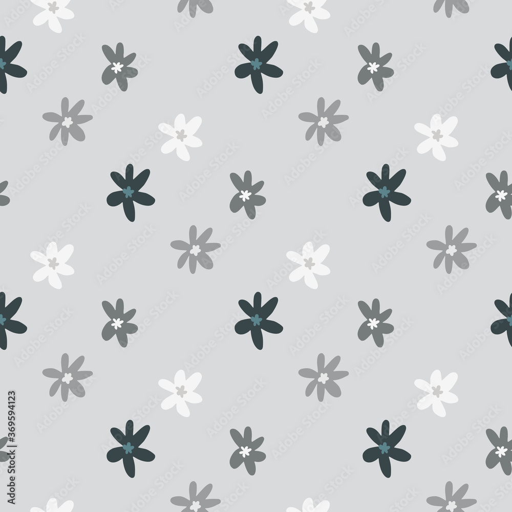 Minimalistic floral patern with abstract daisy silhouettes. Pastel blue background. White and grey botanic elements.