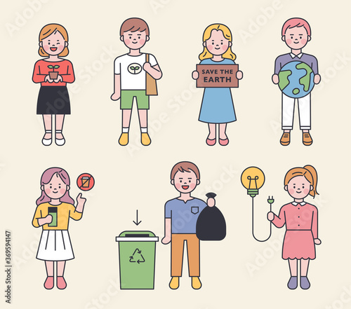 Cute characters are holding items that protect the environment. flat design style minimal vector illustration.