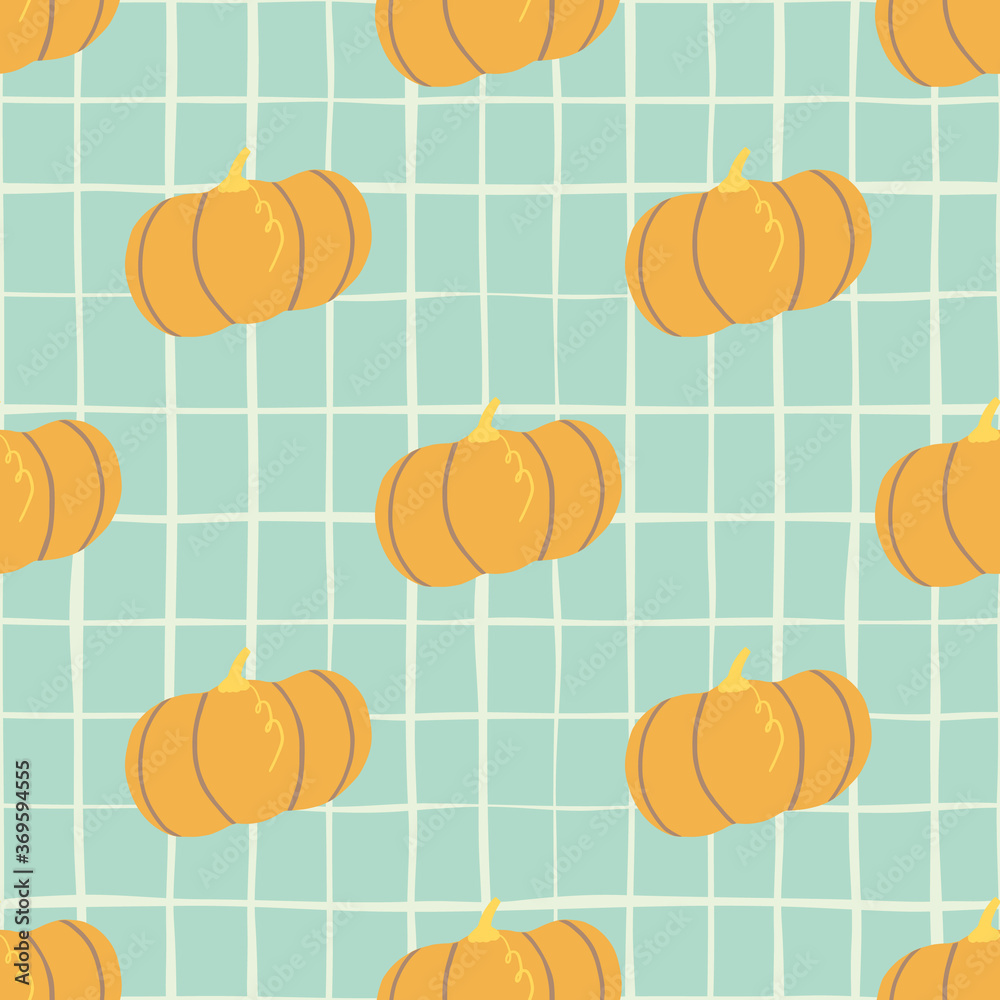 Seamless doodle pattern with orange pumpkin simple silhouettes. Blue background with check.