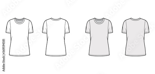 Crew neck jersey t-shirt technical fashion illustration with short sleeves, oversized body, tunic length. Flat apparel template front back white grey color. Women men unisex outfit top CAD mockup