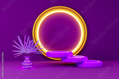 Podium with geometric shapes empty in purple or violet composition for modern stage display and minimalist mockup ,abstract showcase background ,Concept 3d illustration or 3d render