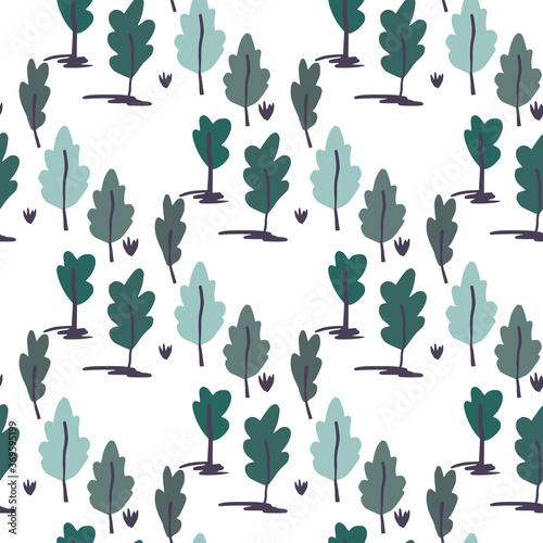 Tree forest seamless isolated pattern. Abstract botanic silhouettes in blue and turuoise colors on white background. photo