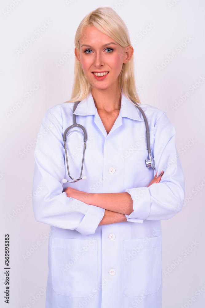 Portrait of young beautiful woman doctor with blond hair Portrait of young beautiful woman doctor with blond hair
